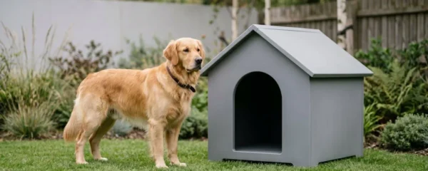 Grand chien labrador devant une niche résine moderne dans un jardin