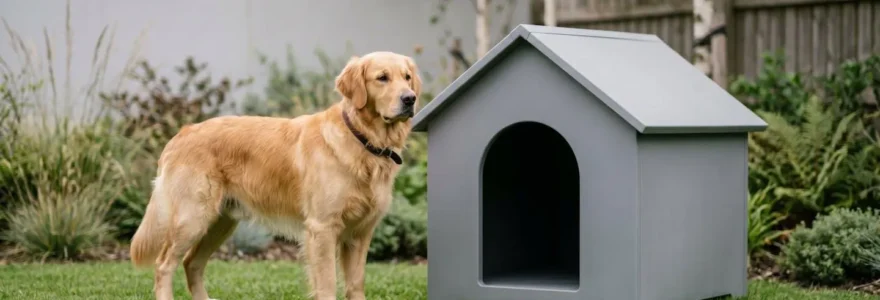 Grand chien labrador devant une niche résine moderne dans un jardin