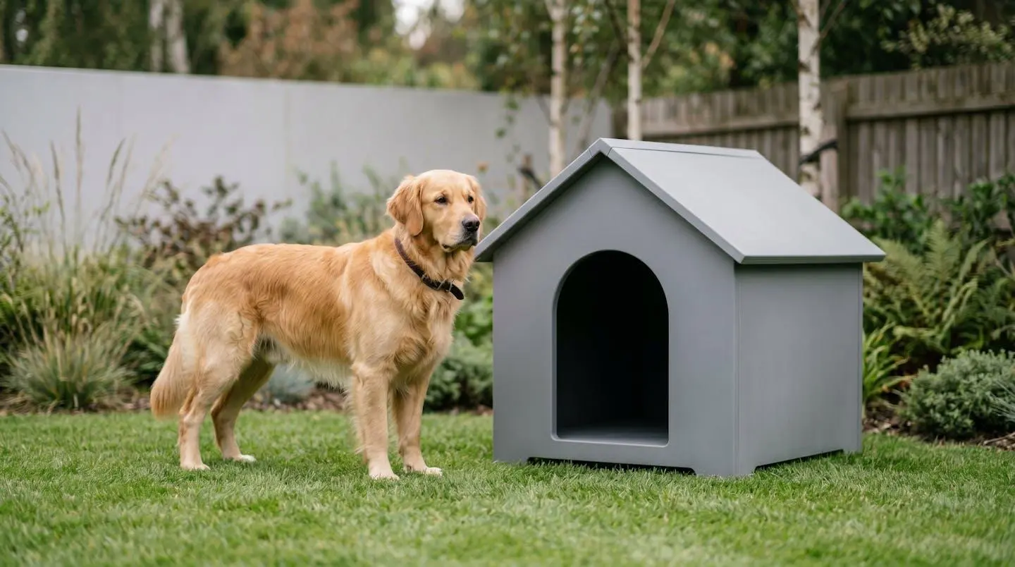 Grand chien labrador devant une niche résine moderne dans un jardin